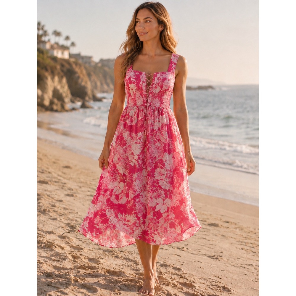 Derek Heart Women's Pink White Floral Zip/Lace Up Cotton Midi Dress Large Beach